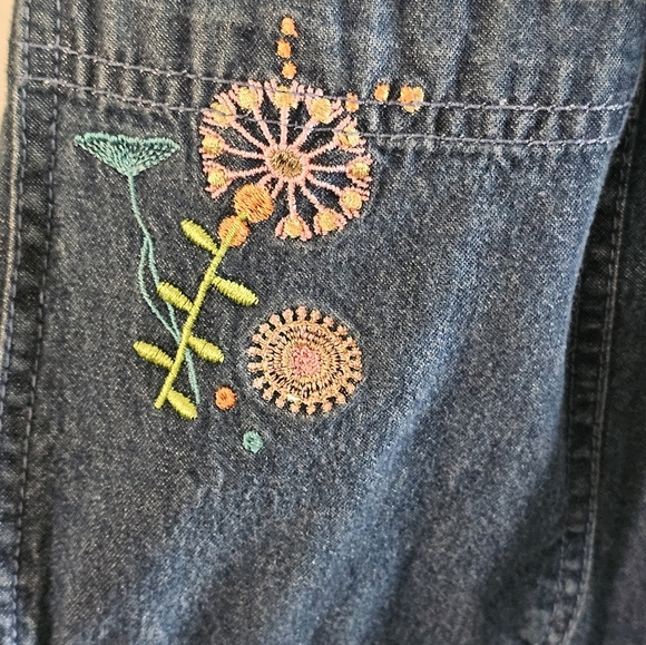 VTG Blair Denim Shift Dress Small Embroidered Flowers Pockets Cottagecore - Picture 3 of 7